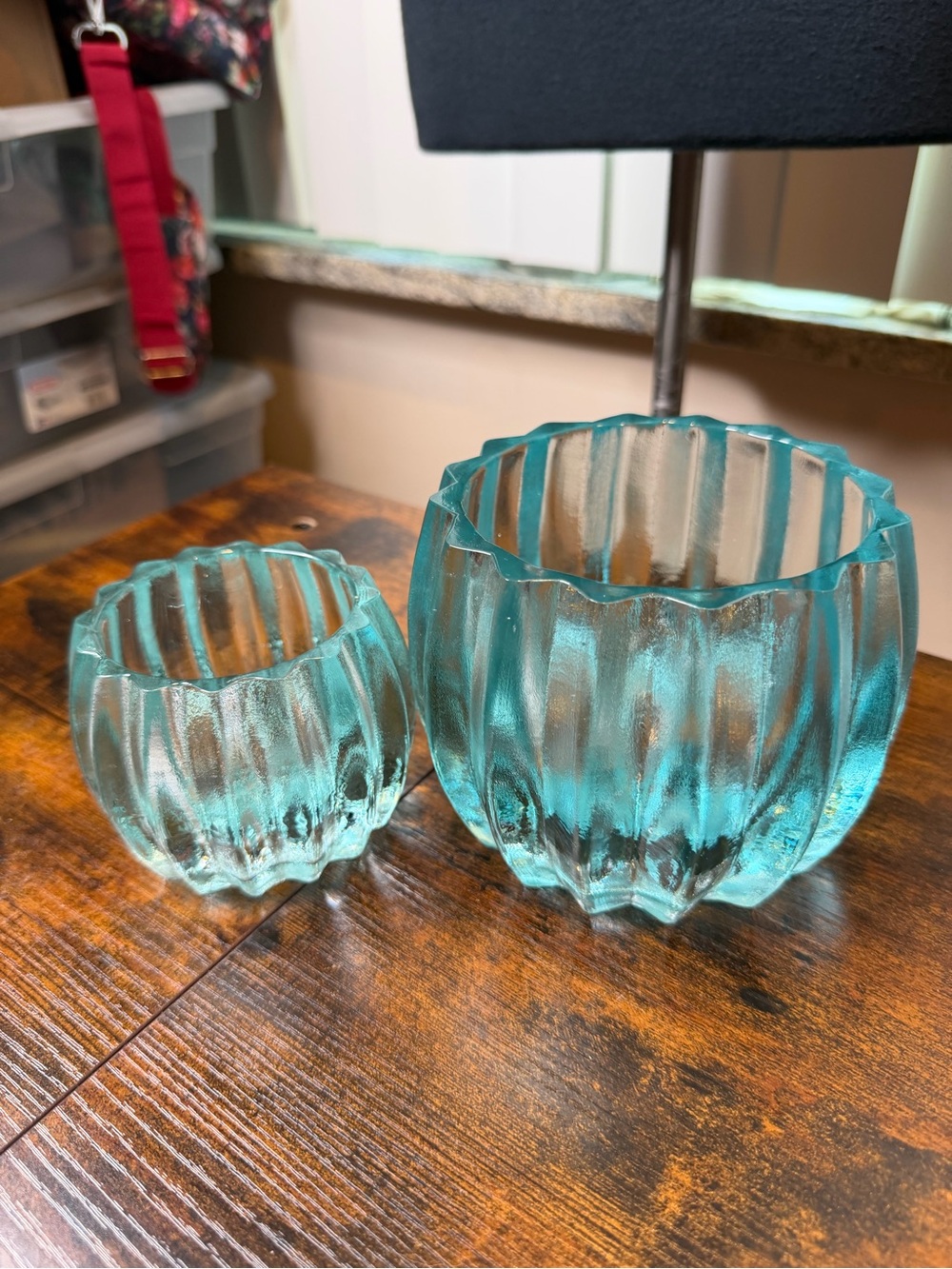 Vintage Turquoise Ribbed Glass Candle Holders - 2 sizes